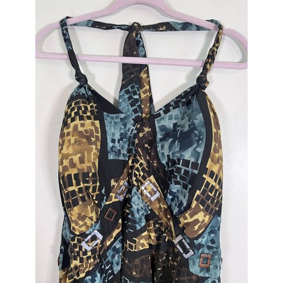 Lane Bryant Sun Dress 28 Brown Halter Maxi Babydoll Y2K Mosaic Patchwork Boho - Picture 4 of 16